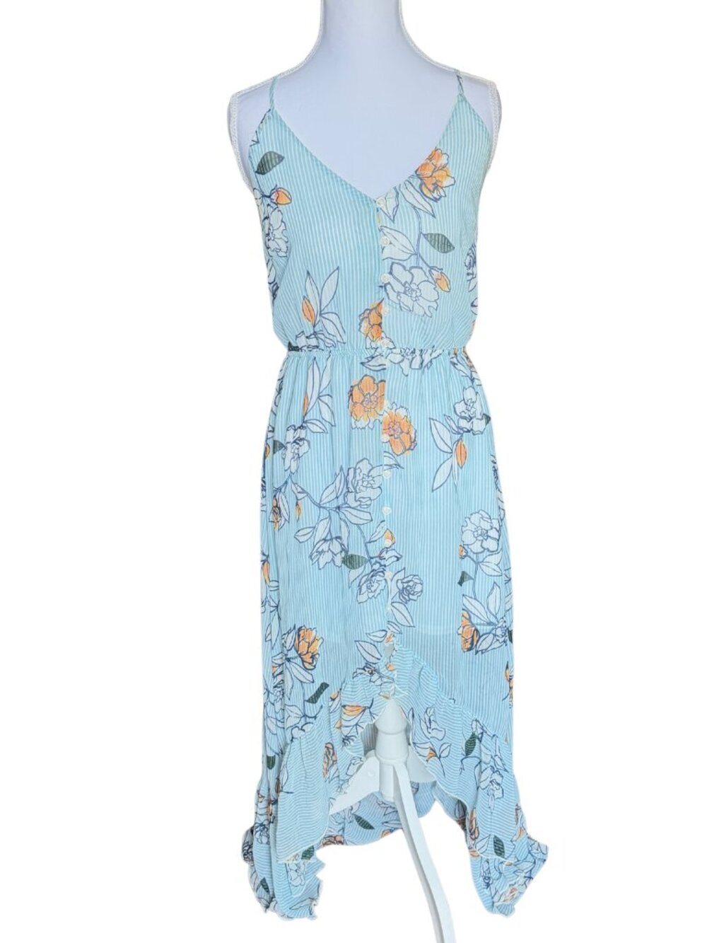 Womens M Charlotte Russe Dress Blue Floral Striped Midi Ruffle Hem Sundress